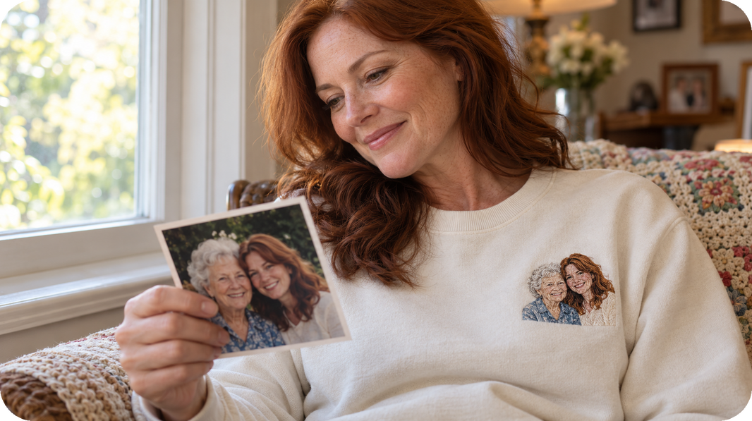 Personalized memorial gifts shown as compact left chest photo embroidery