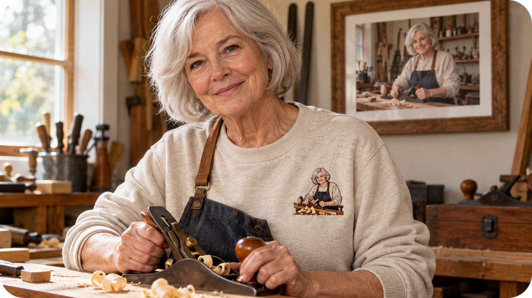 Personalized retirement gifts shown as compact left chest photo embroidery