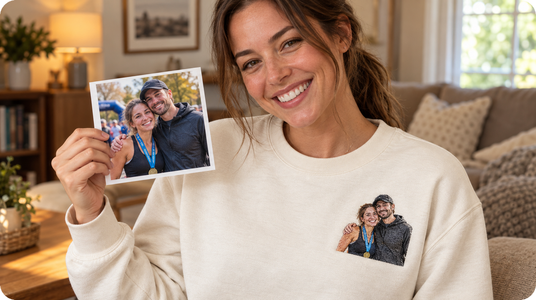 personalized running gift showing a runner with a supporter after finishing a race as left chest embroidery