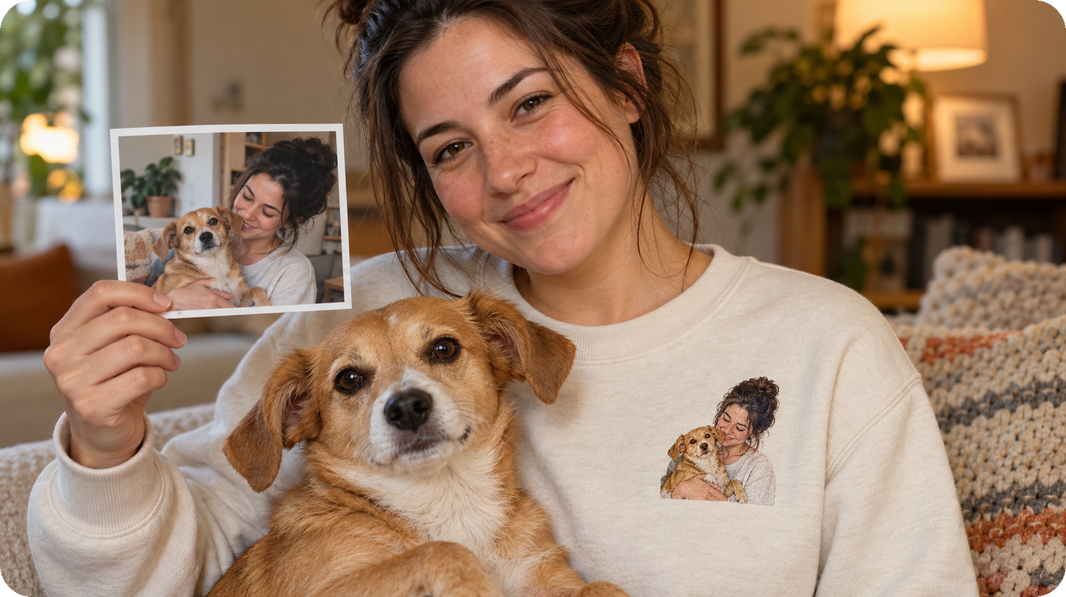 pet adoption anniversary gift showing an owner with a newly adopted tan dog as left chest embroidery
