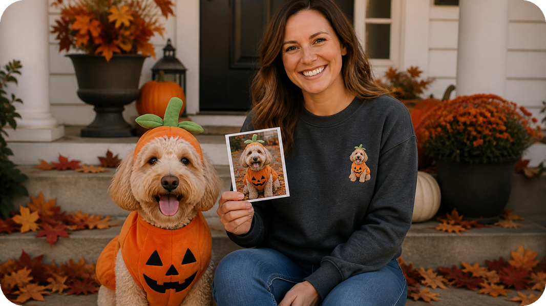 Dog mom with pumpkin-costumed dog and left-chest pet Halloween embroidery