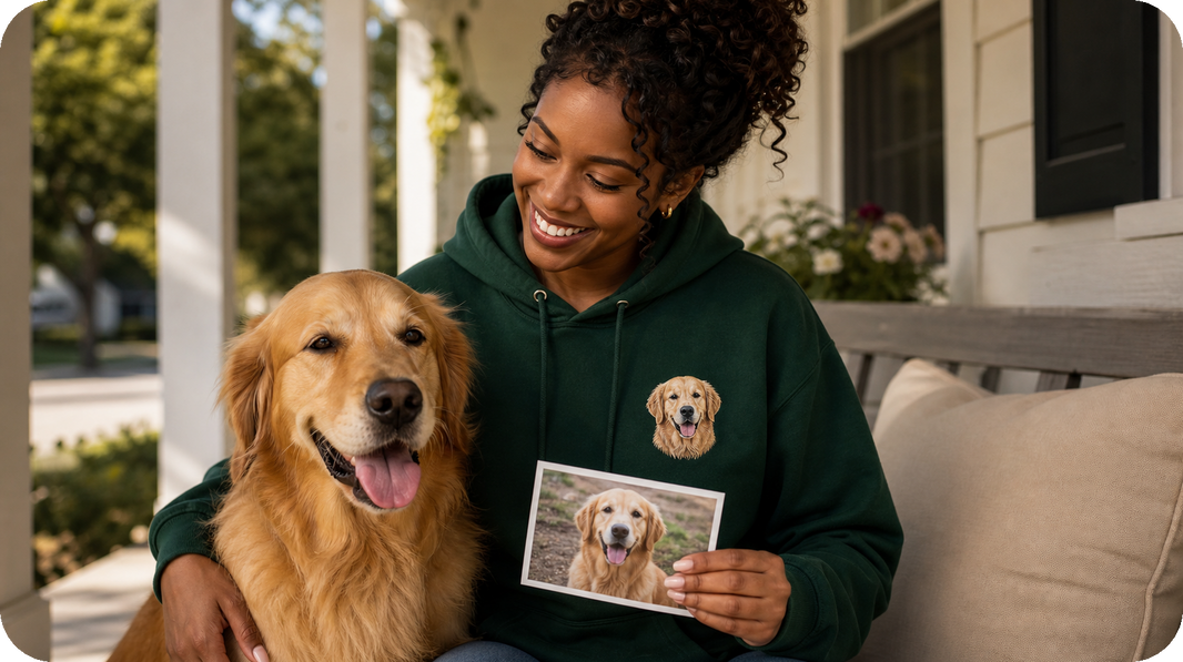 Pet owner holding a favorite photo while wearing a subtle left-chest memorial portrait