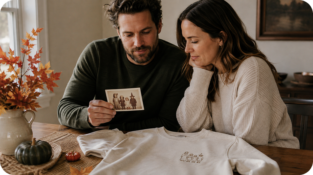 Adult siblings viewing a restored vintage Halloween photo beside a sweatshirt with left-chest family embroidery