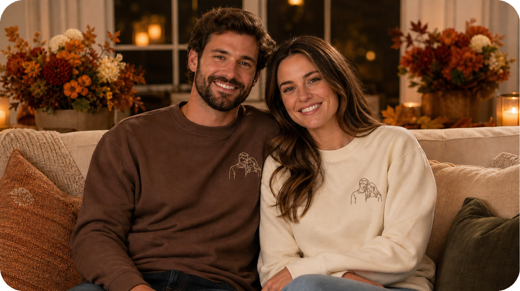 Couple wearing matching detailed photo embroidery on both partners' left chests