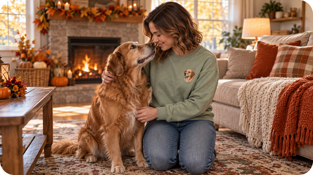Pet parent wearing a Thanksgiving sweatshirt embroidered from a favorite pet photo