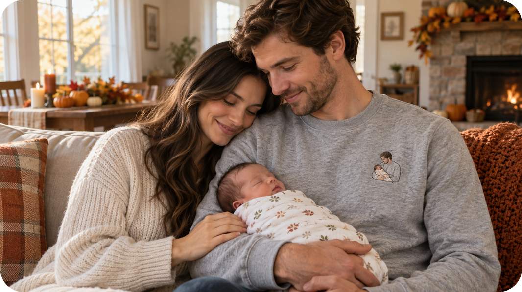 New parents wearing a sweatshirt embroidered from their newborn photo