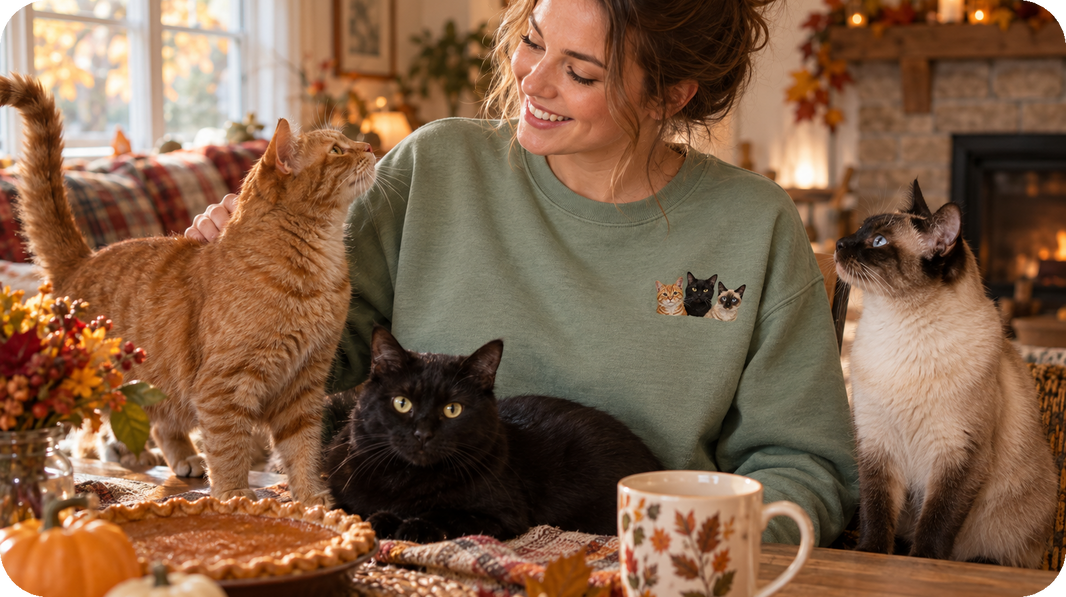 Lifestyle view of cream, sage, cocoa, or charcoal sweatshirt featuring multi-cat portrait with distinct ears, eyes, fur patterns, and spacing on the wearer's left chest