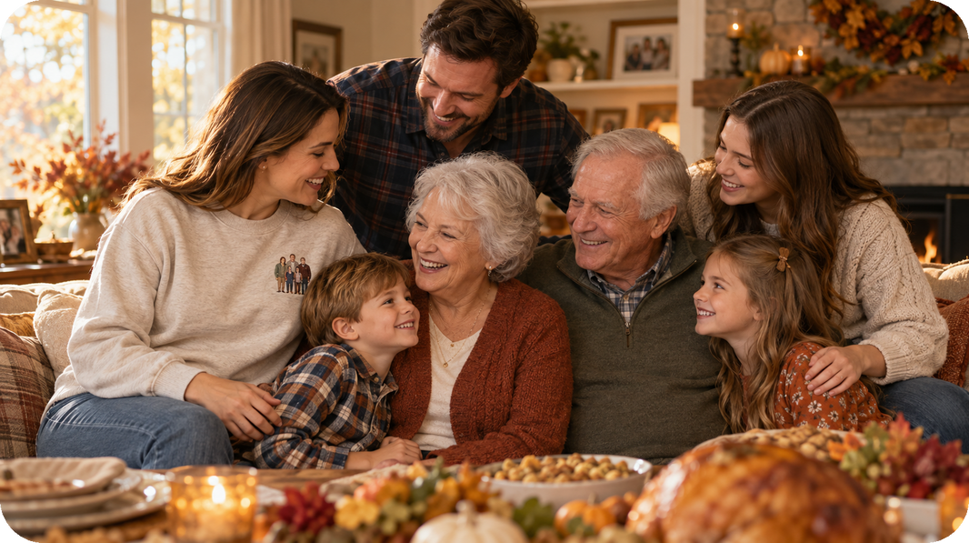 Grandparents wearing a custom family-photo embroidered sweatshirt for Thanksgiving