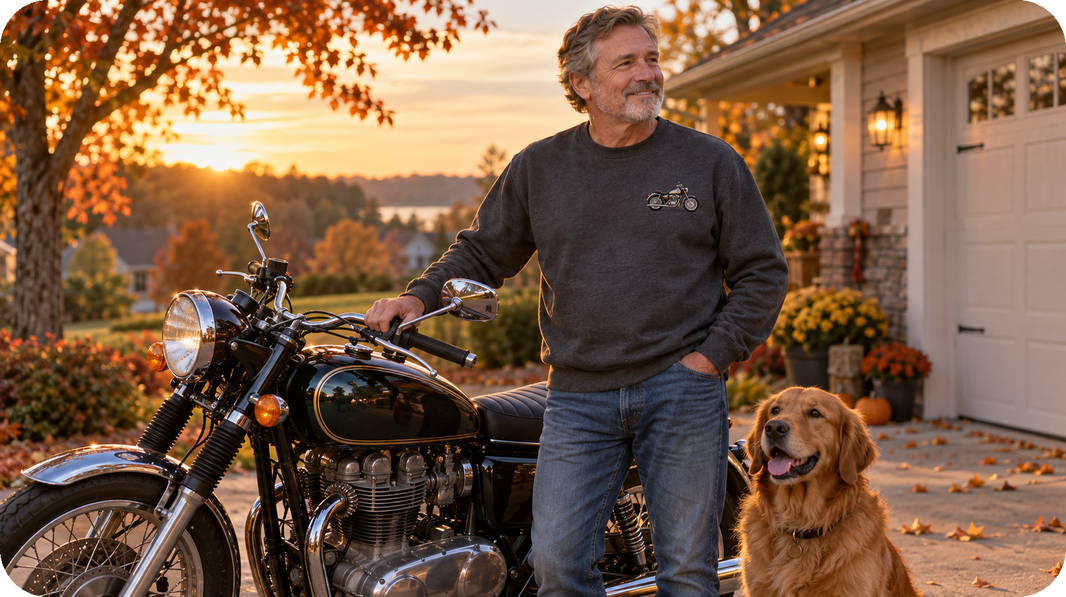 Lifestyle view of black, navy, or charcoal sweatshirt featuring accurate motorcycle silhouette with selective paint and chrome thread on the wearer's left chest