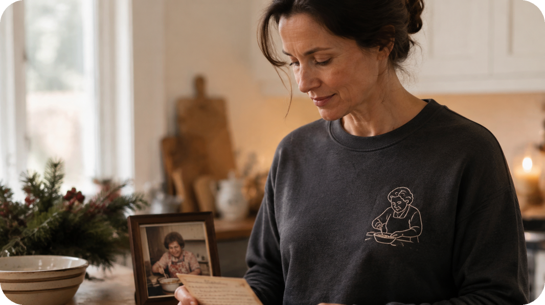 Family member wearing a quiet memorial sweatshirt with a candid holiday portrait embroidered on the left chest