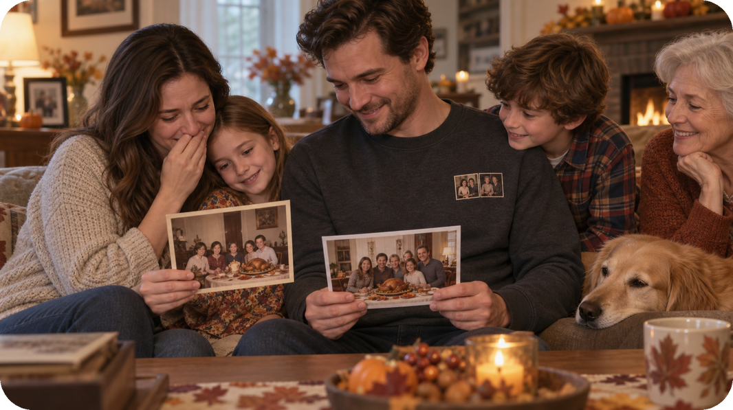 Lifestyle view of charcoal or sand sweatshirt featuring two-frame portrait timeline with small years on the wearer's left chest