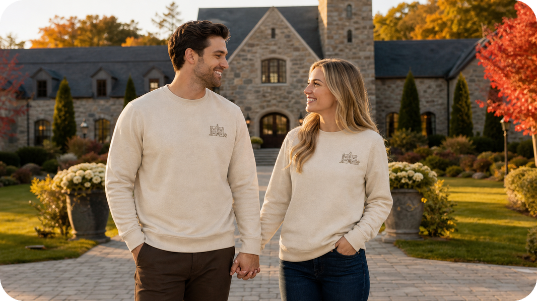 Anniversary couple outside a fall wedding venue wearing matching left-chest venue embroidery