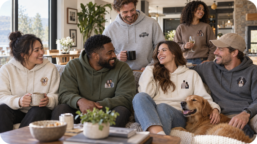 Friends wearing subtle custom photo-embroidered clothing in a relaxed American home