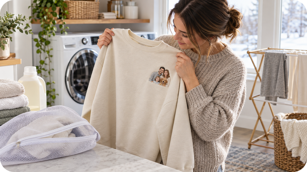 Clean embroidered sweatshirt folded for winter care and storage