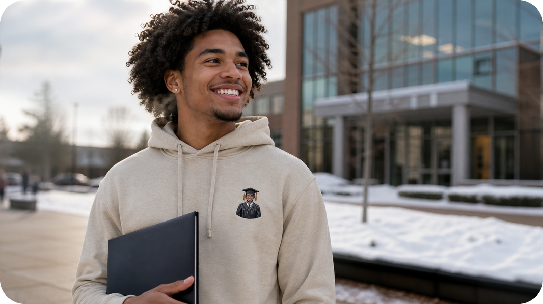 Winter graduate wearing a hoodie with a compact left-chest cap-and-gown embroidered portrait
