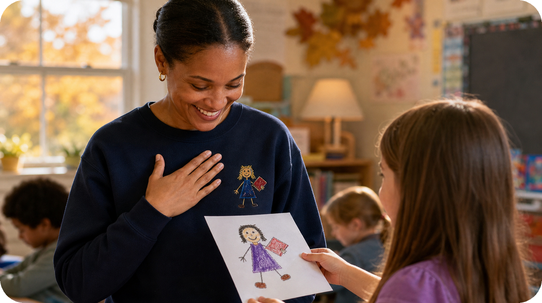 Teacher wearing a child’s classroom drawing as compact left-chest embroidery for World Teachers’ Day