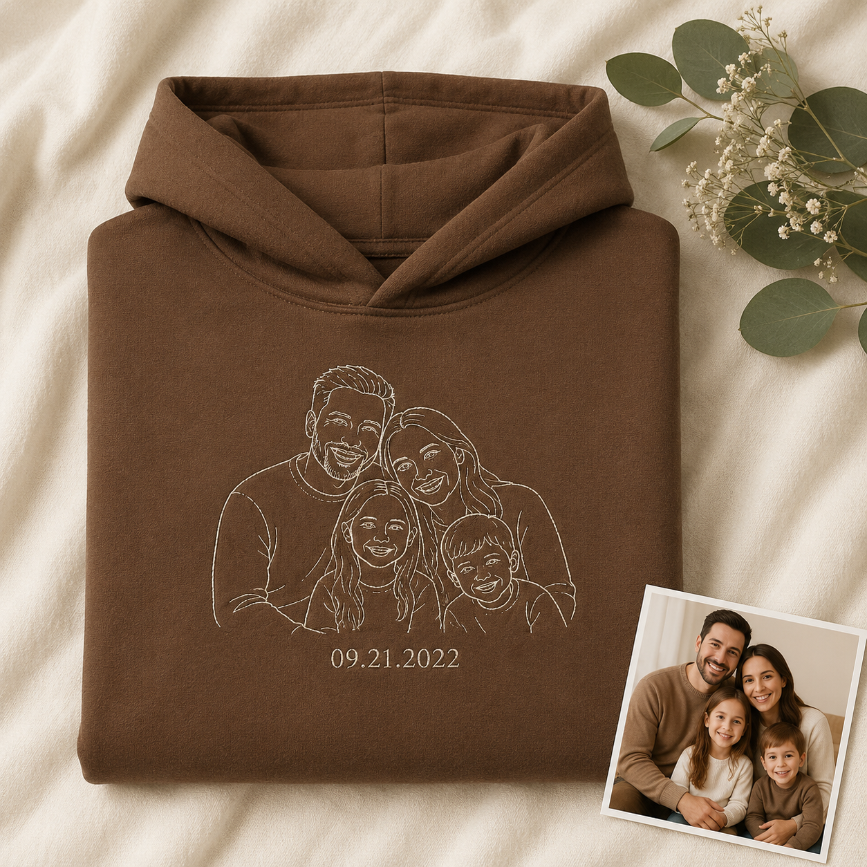 Family Photo Outline Embroidered Hoodie or T-Shirt – Custom Family Day Gift