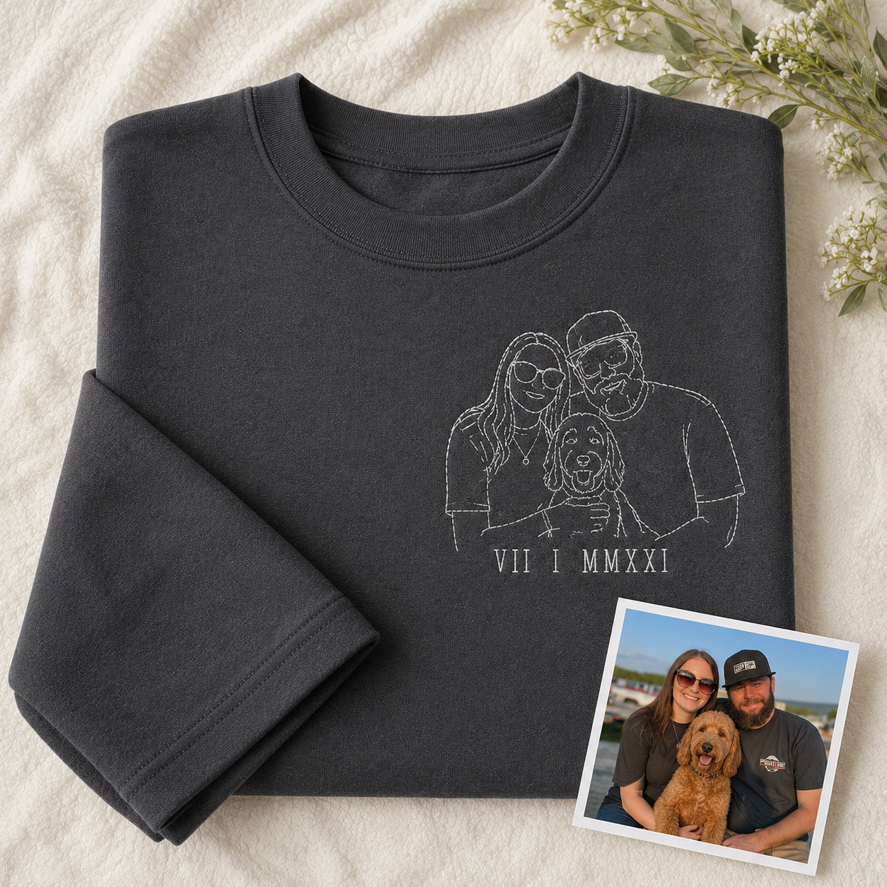 Family Photo Outline Embroidered Hoodie or T-Shirt – Custom Family Day Gift