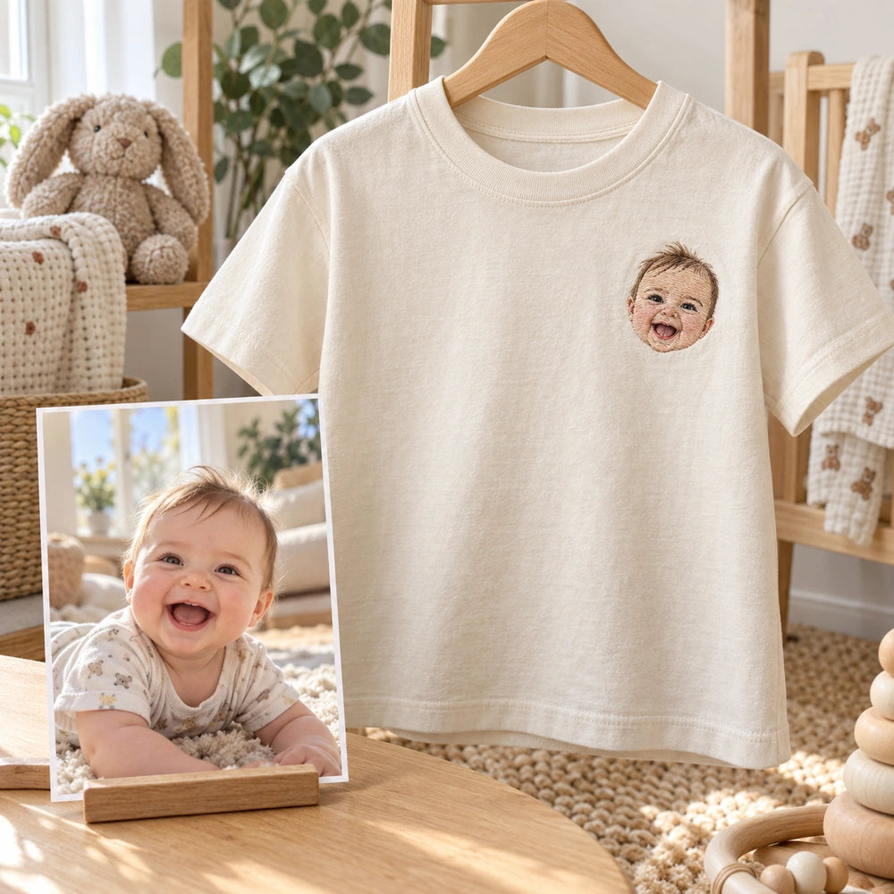 Custom Baby Laugh Photo Embroidered T-Shirt source photo and front embroidery