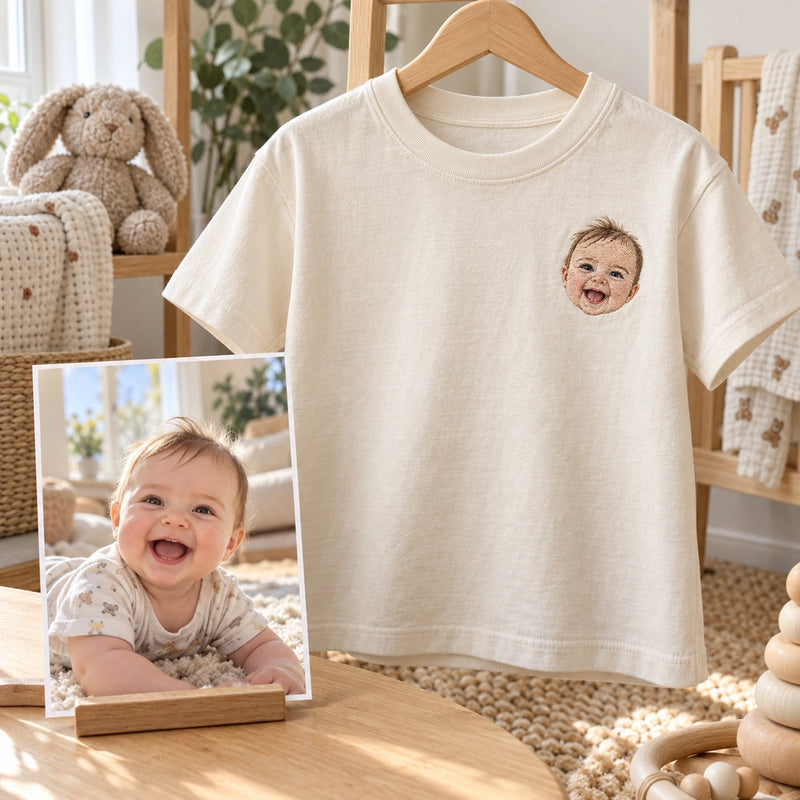 Custom Baby Laugh Photo Embroidered T-Shirt source photo and front embroidery