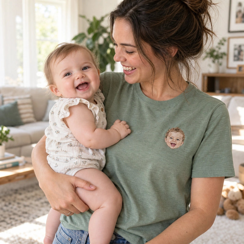 Custom Baby Laugh Photo Embroidered T-Shirt front worn view