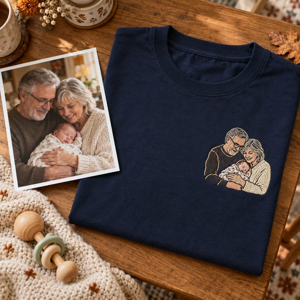 Custom Newborn Grandparent Photo Embroidered T-Shirt source photo and front embroidery