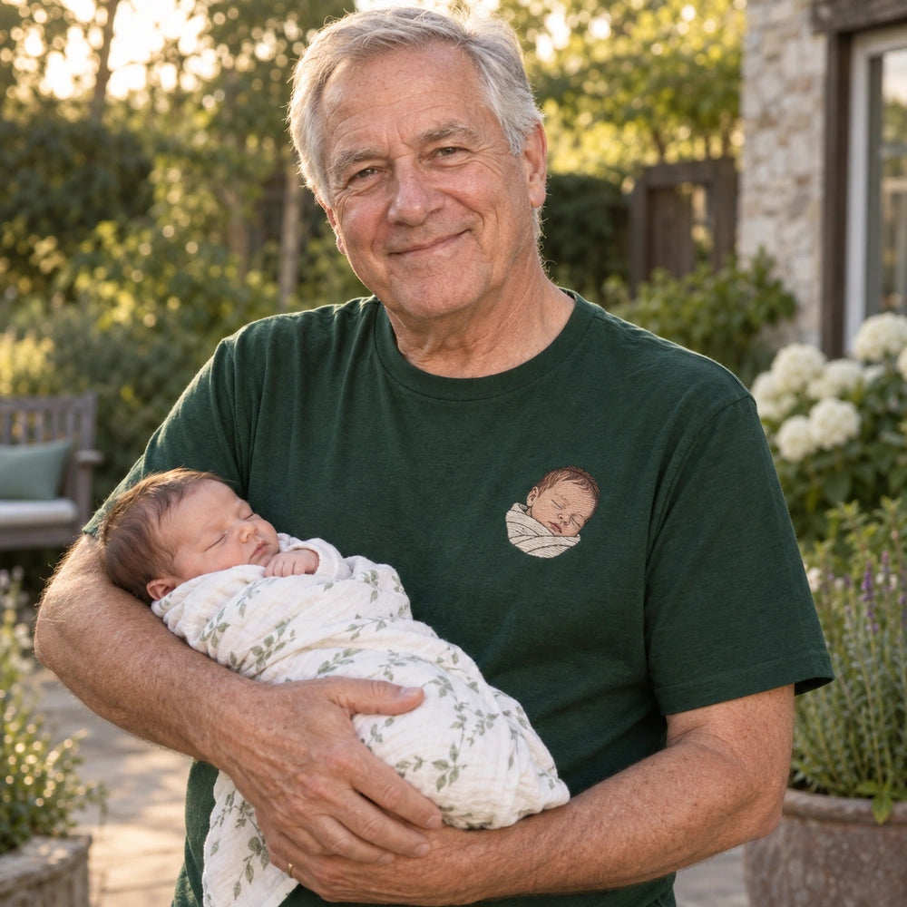 Custom Newborn Grandparent Photo Embroidered T-Shirt front worn view