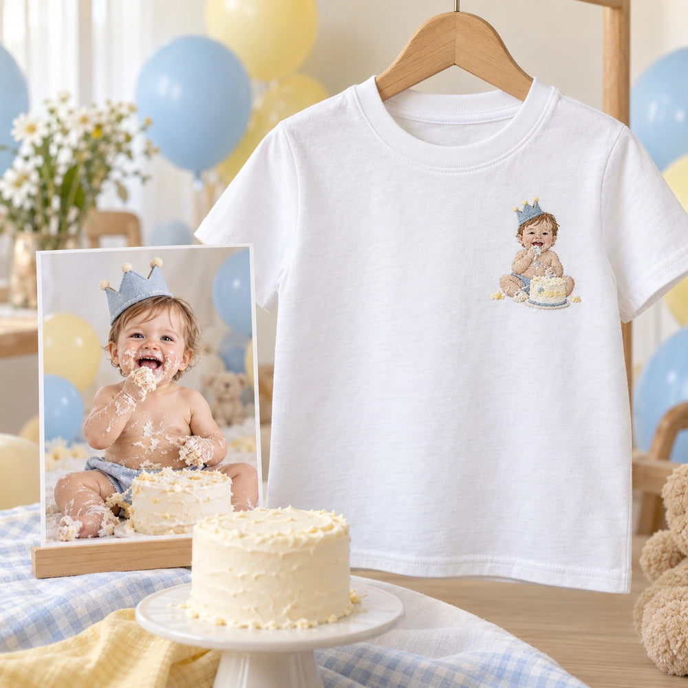 Custom First Birthday Baby Photo Embroidered T-Shirt source photo and front embroidery
