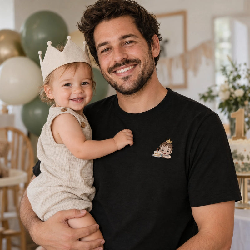 Custom First Birthday Baby Photo Embroidered T-Shirt front worn view