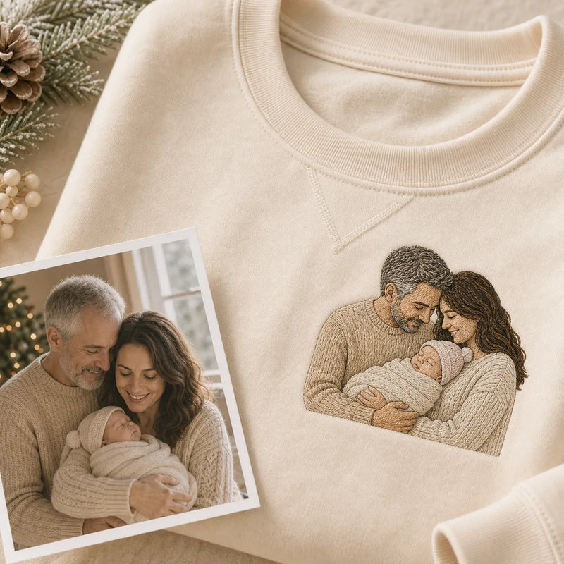 Custom baby's first Christmas embroidered hoodie with family and newborn embroidery