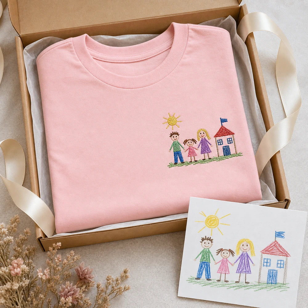 Custom kids drawing embroidered T-shirt gift-ready presentation