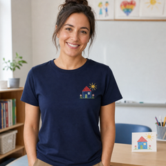 Custom kids drawing teacher embroidered T-shirt classroom lifestyle image