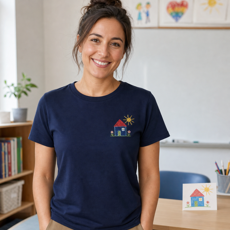 Custom kids drawing teacher embroidered T-shirt classroom lifestyle image
