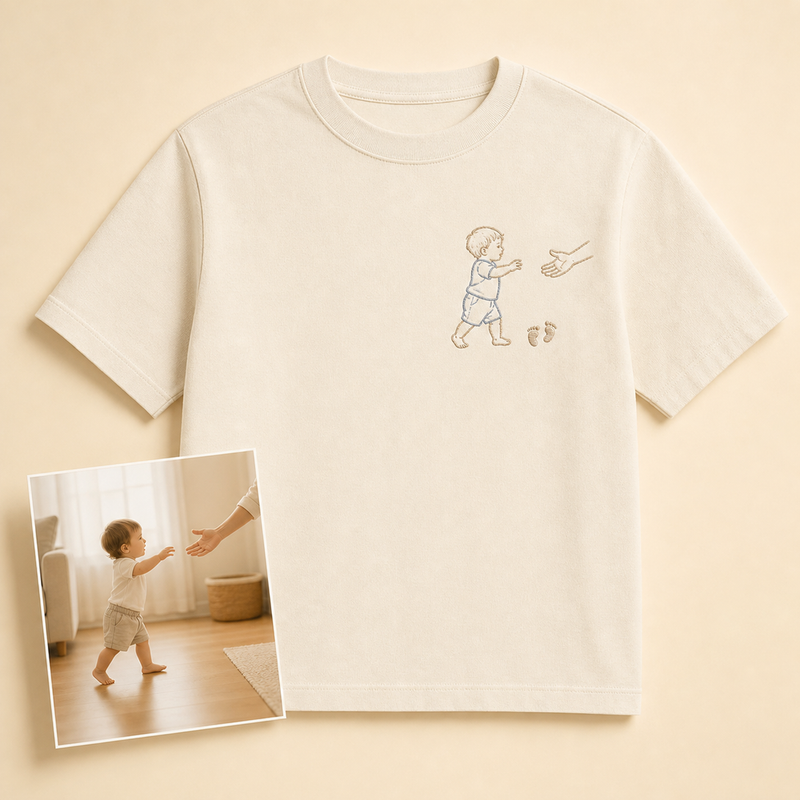 Custom Baby First Steps Photo Outline Embroidered T-Shirt - Custom Baby Milestone Gift main product image with custom left chest embroidery