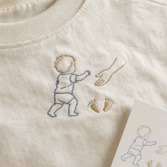 Custom Baby First Steps Photo Outline Embroidered T-Shirt - Custom Baby Milestone Gift embroidery detail image with custom left chest embroidery