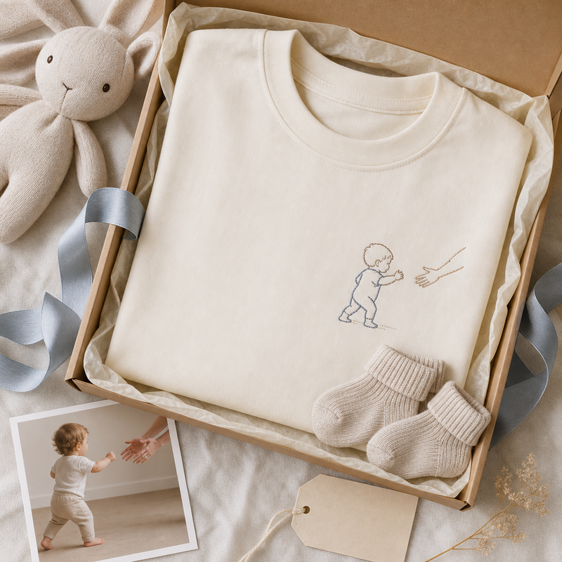 Custom Baby First Steps Photo Outline Embroidered T-Shirt - Custom Baby Milestone Gift gift display image with custom left chest embroidery