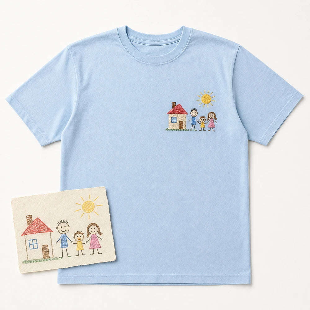 Custom Kids Family House Drawing Embroidered T-Shirt - Personalized Family Gift main product image with custom left chest embroidery based on child drawing of a family house and sun