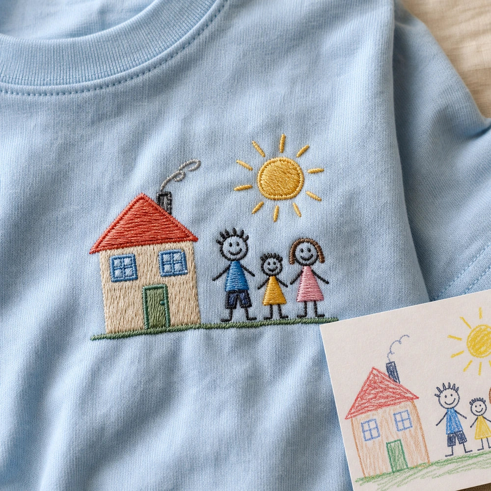 Custom Kids Family House Drawing Embroidered T-Shirt - Personalized Family Gift embroidery detail image with custom left chest embroidery based on child drawing of a family house and sun