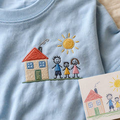 Custom Kids Family House Drawing Embroidered T-Shirt - Personalized Family Gift embroidery detail image with custom left chest embroidery based on child drawing of a family house and sun