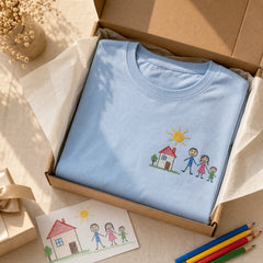 Custom Kids Family House Drawing Embroidered T-Shirt - Personalized Family Gift gift display image with custom left chest embroidery based on child drawing of a family house and sun