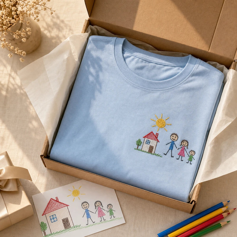 Custom Kids Family House Drawing Embroidered T-Shirt - Personalized Family Gift gift display image with custom left chest embroidery based on child drawing of a family house and sun