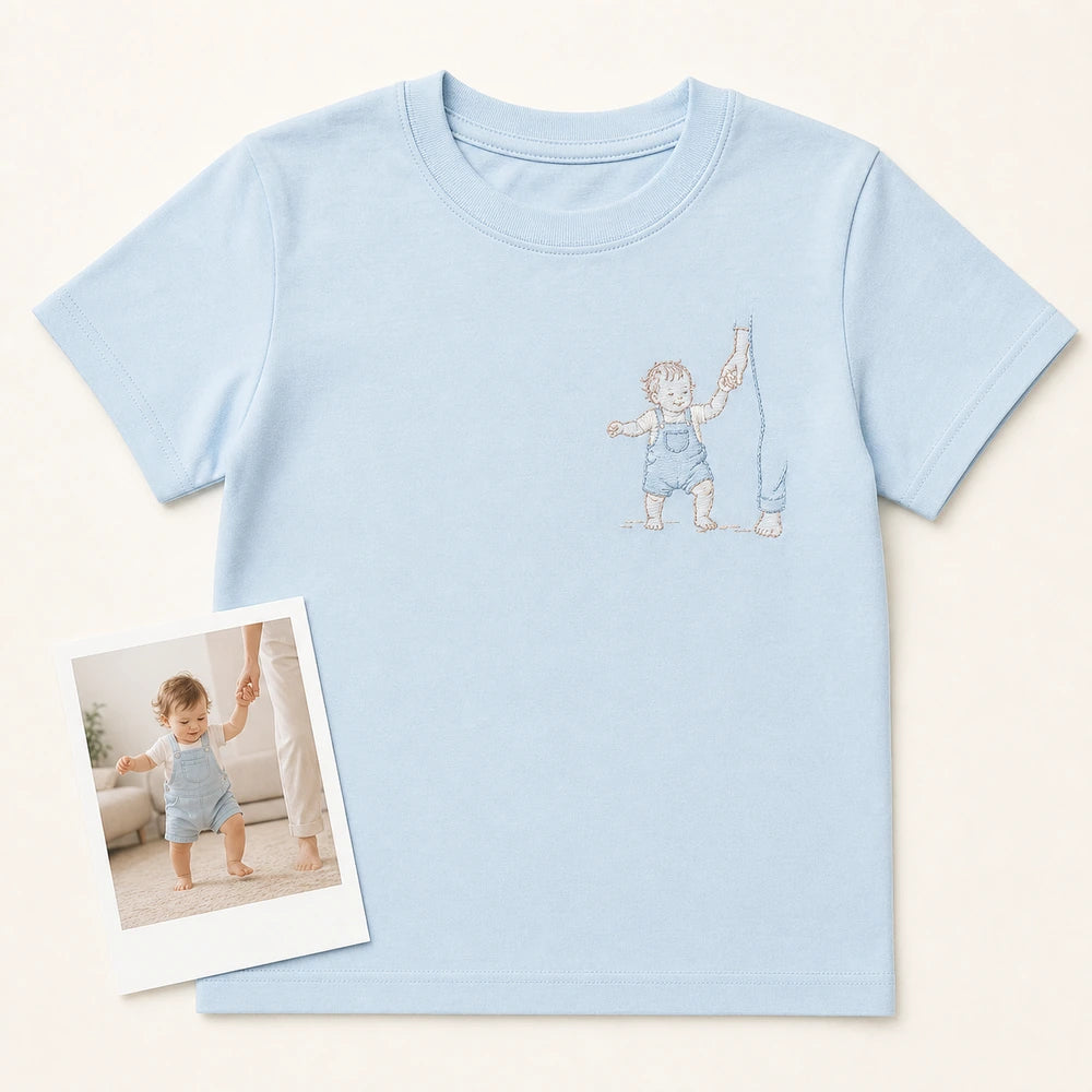 Custom Baby First Steps Photo Embroidered T-Shirt - Personalized Milestone Gift main product image with custom left chest embroidery based on baby first steps or hand-in-hand walking photo