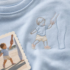 Custom Baby First Steps Photo Embroidered T-Shirt - Personalized Milestone Gift embroidery detail image with custom left chest embroidery based on baby first steps or hand-in-hand walking photo