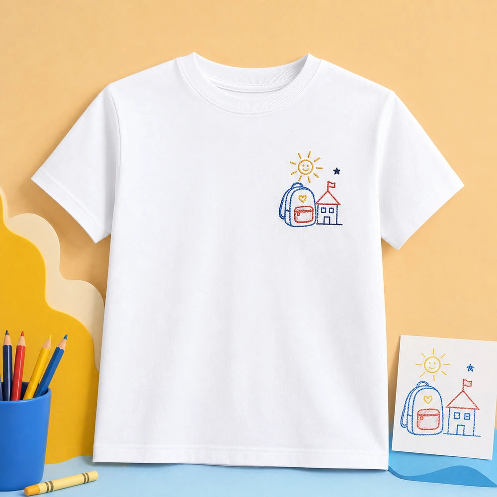 Custom Kids First Day of School Drawing Embroidered T-Shirt - Custom Back to School Gift main product image with custom left chest embroidery based on child's first-day school drawing or backpack doodle