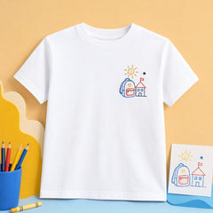 Custom Kids First Day of School Drawing Embroidered T-Shirt - Custom Back to School Gift main product image with custom left chest embroidery based on child's first-day school drawing or backpack doodle