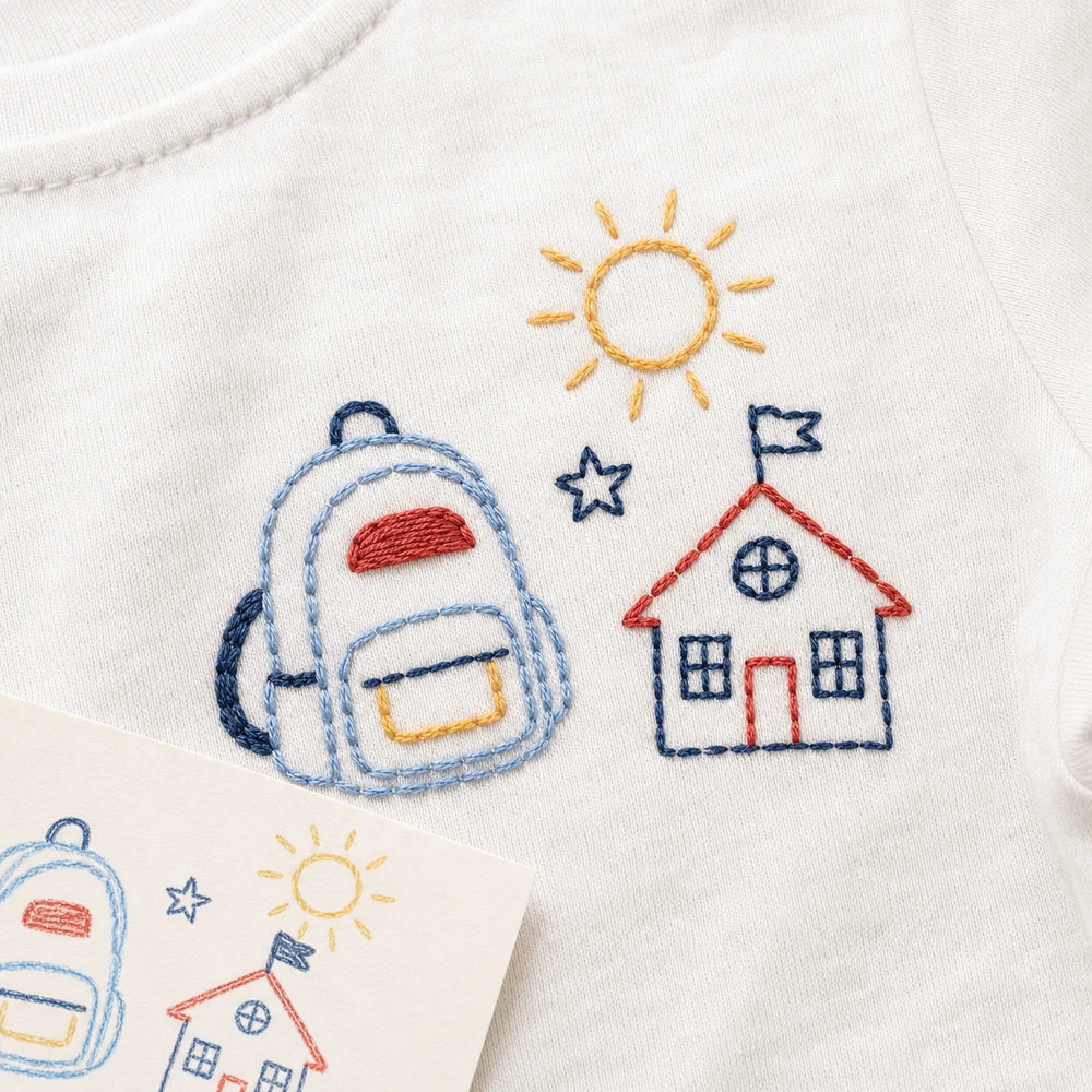 Custom Kids First Day of School Drawing Embroidered T-Shirt - Custom Back to School Gift embroidery detail image with custom left chest embroidery based on child's first-day school drawing or backpack doodle