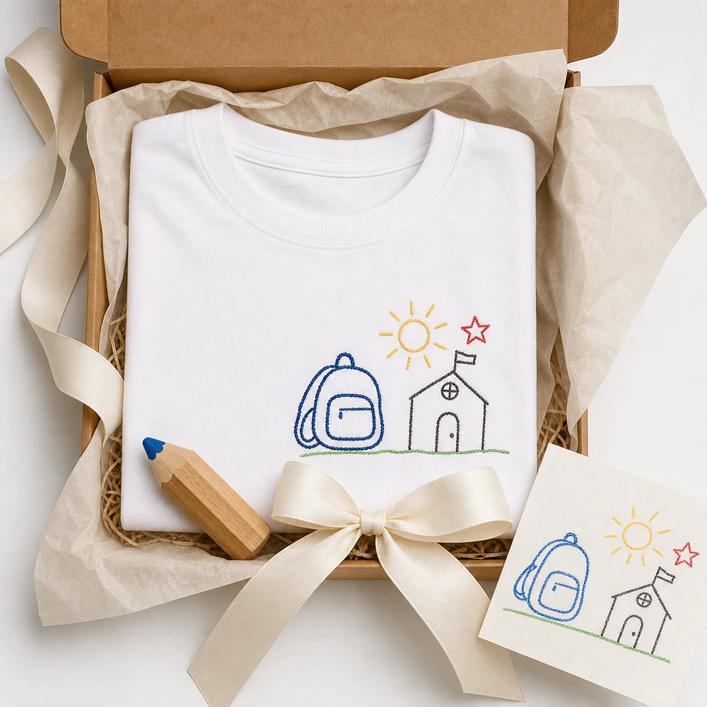 Custom Kids First Day of School Drawing Embroidered T-Shirt - Custom Back to School Gift gift display image with custom left chest embroidery based on child's first-day school drawing or backpack doodle