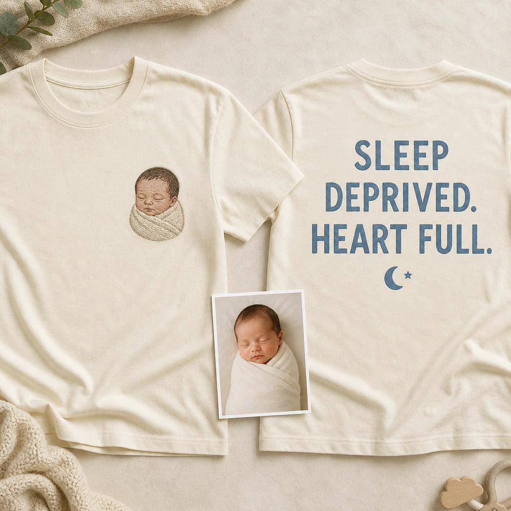 Custom Newborn Photo Embroidered T-Shirt with Back Print - New Parent Gift - front and back overview
