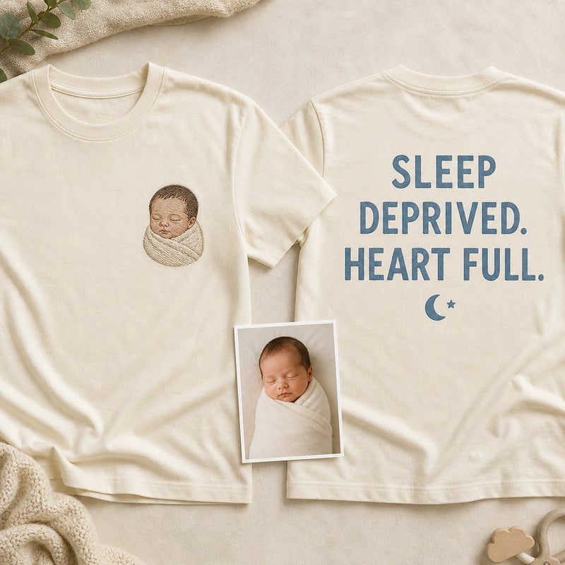 Custom Newborn Photo Embroidered T-Shirt with Back Print - New Parent Gift - front and back overview