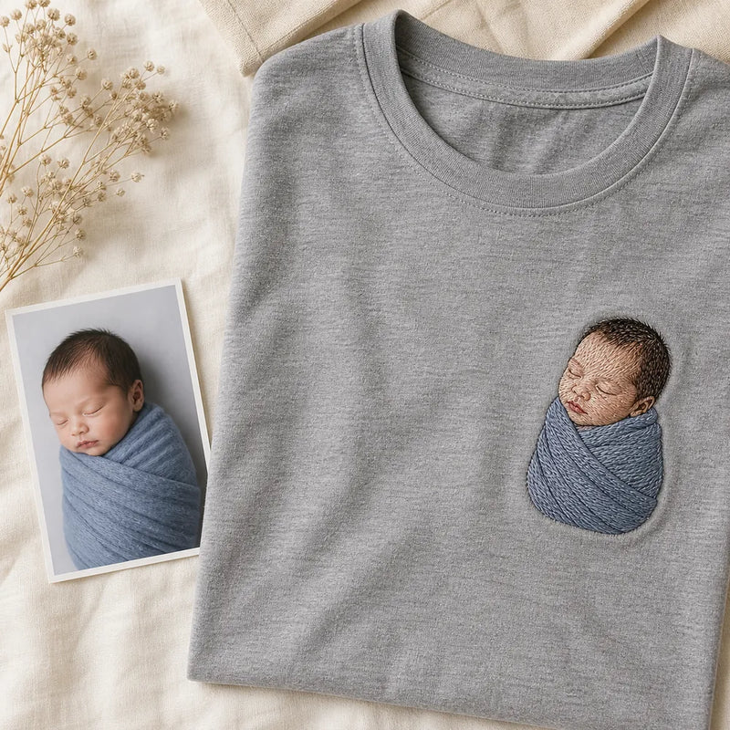 Custom Newborn Photo Embroidered T-Shirt with Back Print - New Parent Gift - source photo and front embroidery